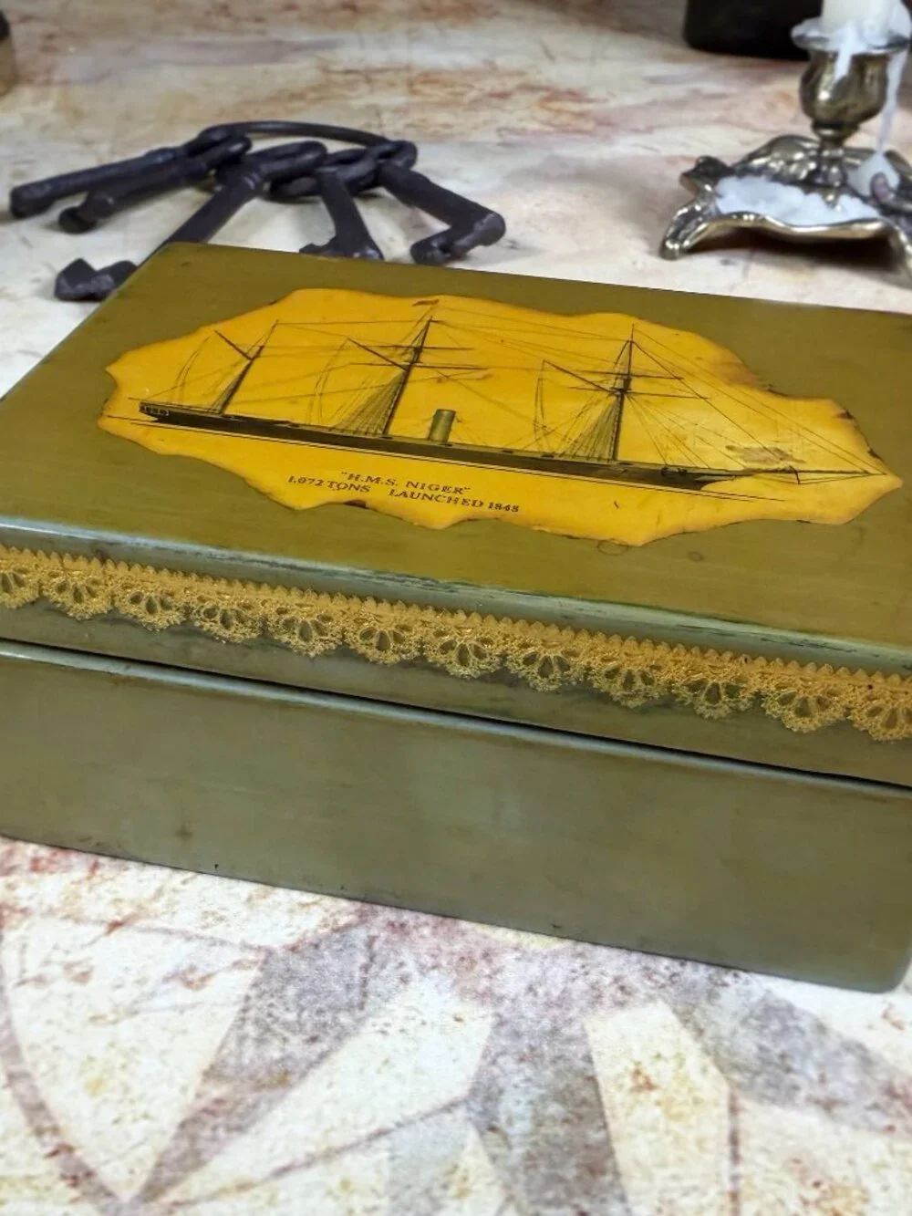 Vintage Nautical Decoupage Trinket Box | Maritime Keepsake Box